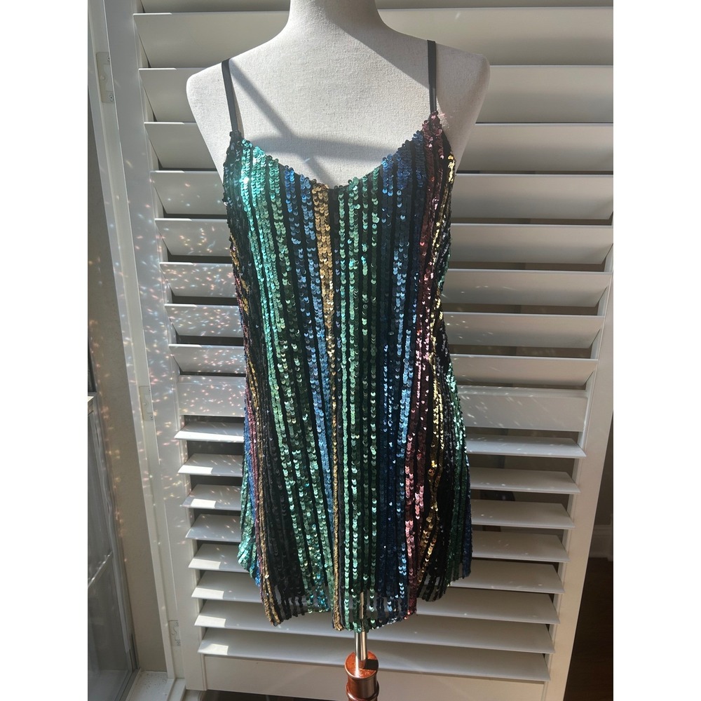 Show Me Your Mumu Dress Womens XS Multi Sequin Mini Striped V-Neck Adjustable
